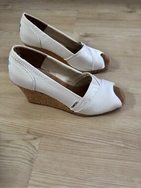 Toms White Canvas Peep-Toe Cork Wedge Sandals
